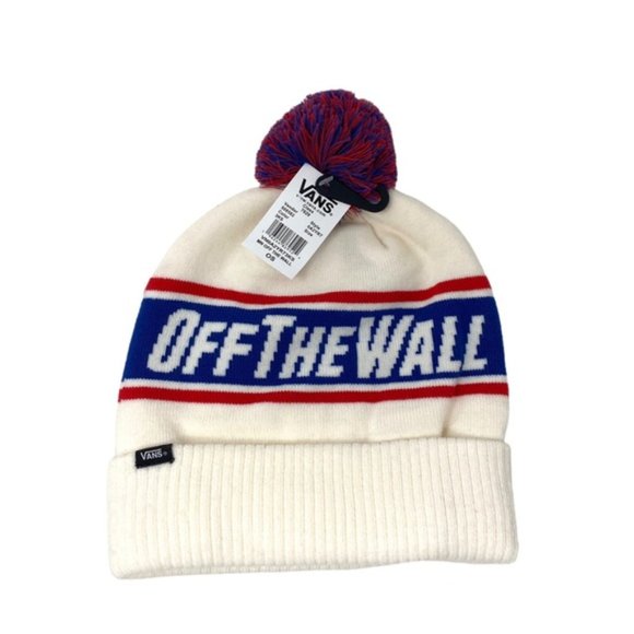 VANS Off The Wall Pom White Blue Red Unisex Beanie Knit Hat One Size VN0A2YR73KS - Picture 2 of 3